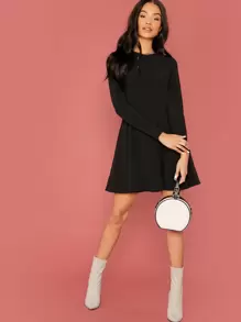 SHEIN Zipper Back Solid Flare Dress - Black - View 5
