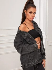 Raw Hem Denim Trucker Jacket - Grey - View 4