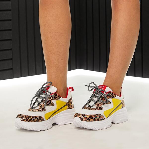 

Leopard Graphic Lace-up Front Chunky Sneakers, Multicolor