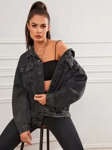 Raw Hem Denim Trucker Jacket - Grey - View 1