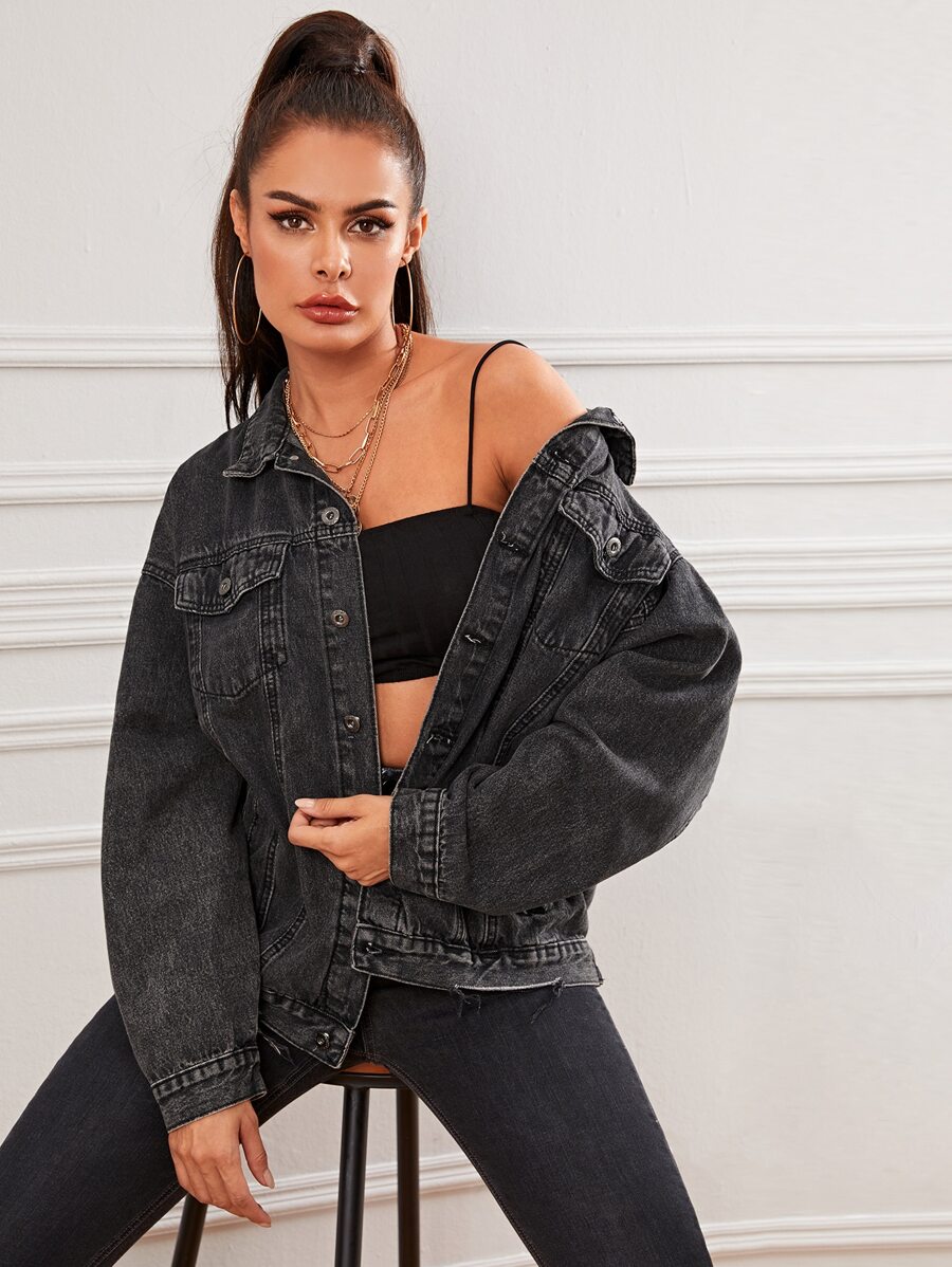 Raw Hem Denim Trucker Jacket - Grey - View 1