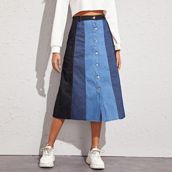 Cut And Sew Button Up Denim Skirt, Blue