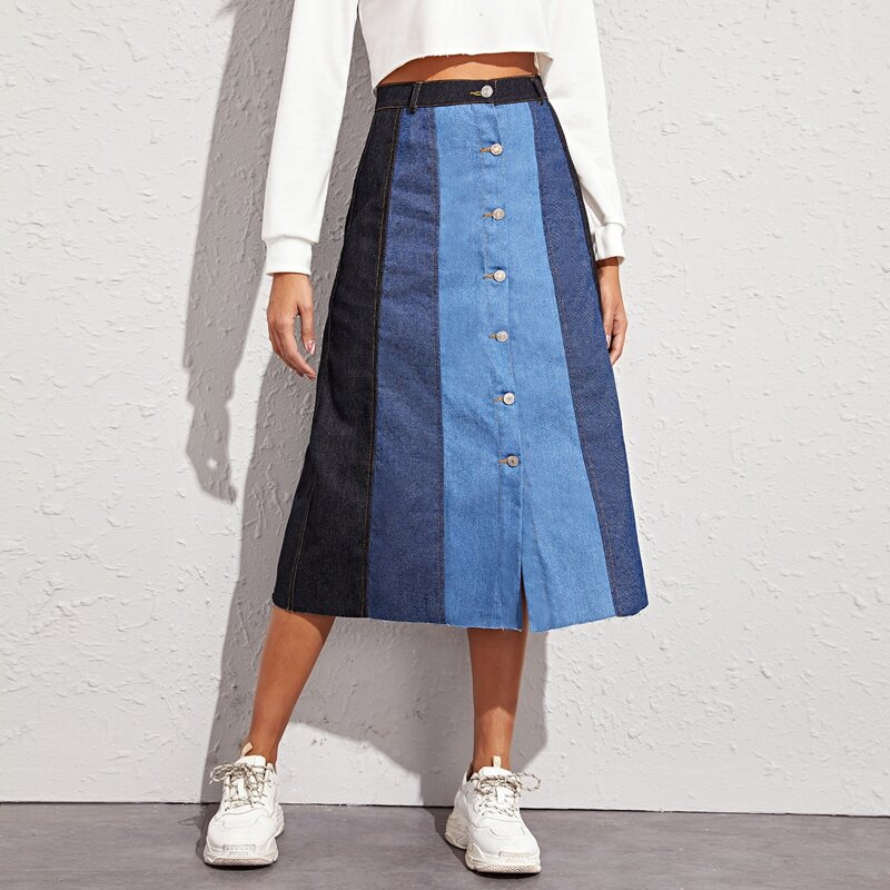 

Cut And Sew Button Up Denim Skirt, Blue