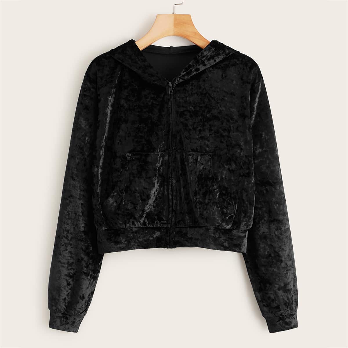 

Solid Zip-up Pocket Front Velvet Jacket, Black