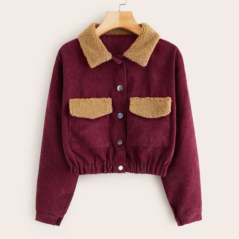 

Flap Pocket Front Corduroy Jacket With Borg Collar, Burgundy
