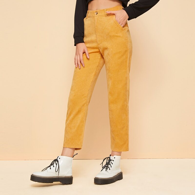 

Solid Corduroy Cropped Straight Leg Pants, Yellow