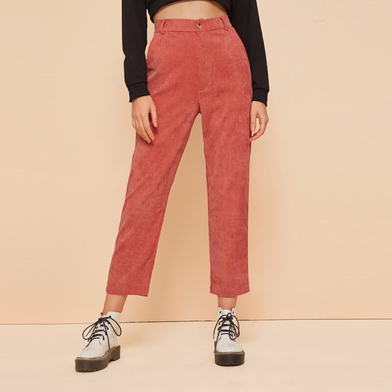 

Solid Corduroy Cropped Straight Leg Pants, Red