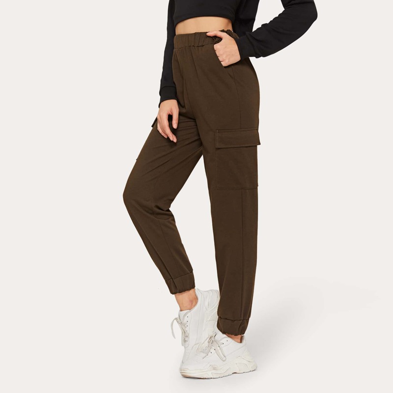 

Solid Side Flap Pocket Elastic Waist Sweatpants, Brown