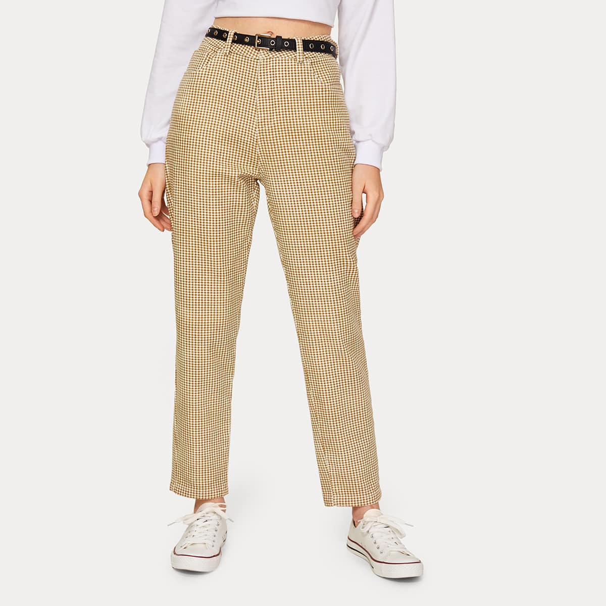 

Gingham Straight Leg Jeans Without Belt, Yellow