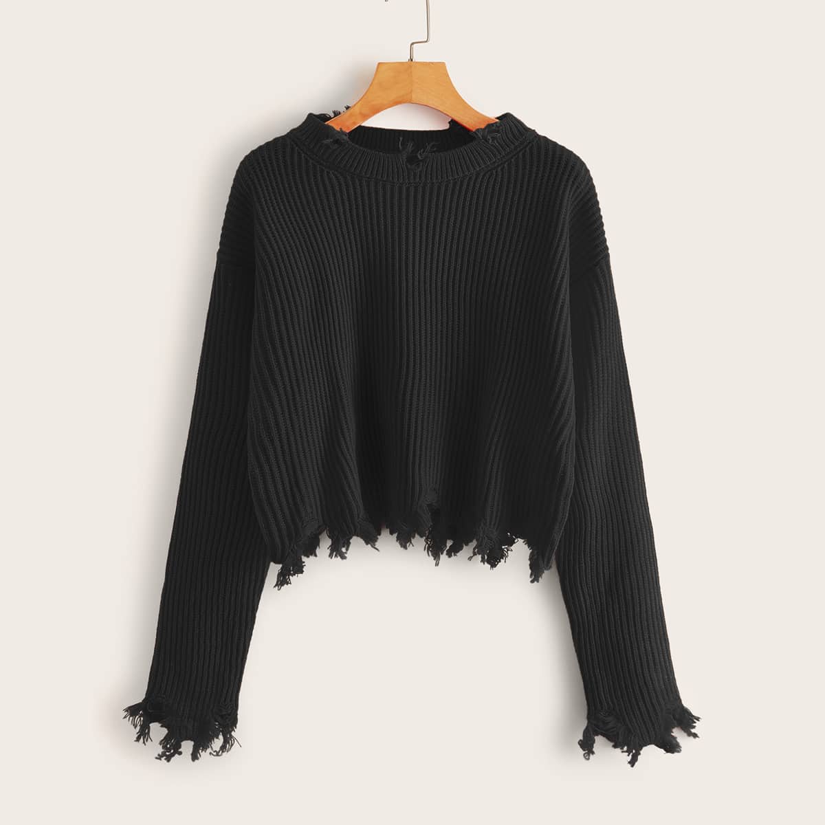

Rib Knit Distressed Black Sweater