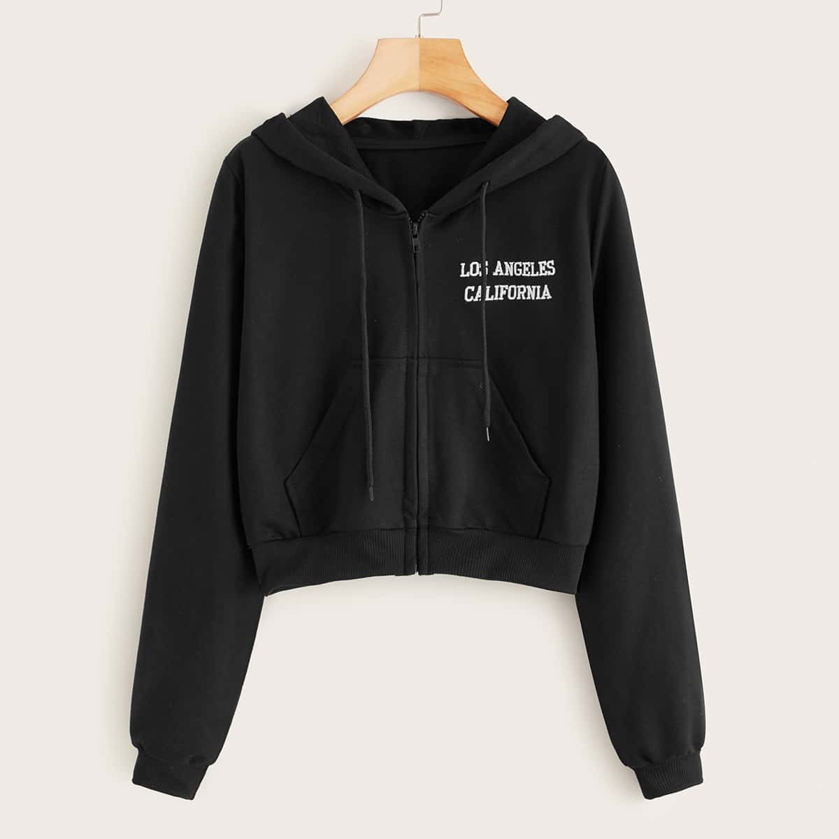 

Letter Embroidery Pocket Front Zip-up Hoodie, Black