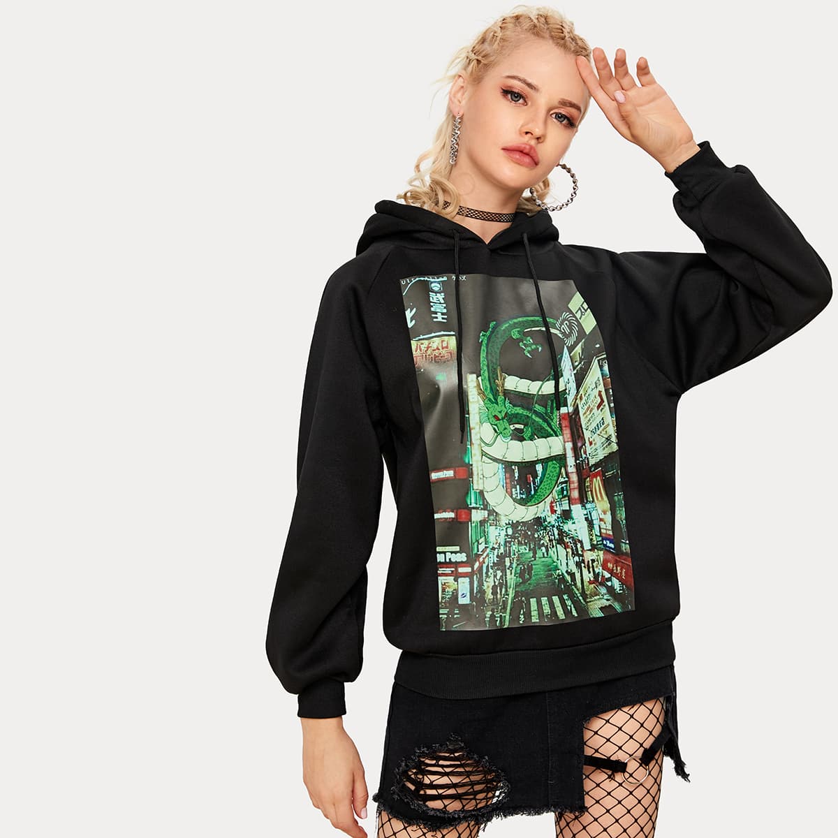 

Dragon & Graphic Print Raglan Sleeve Drawstring Hoodie, Black