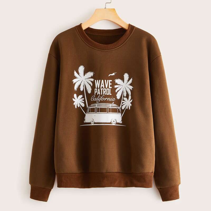 

Tropical & Letter Graphic Crew Neck Sweatshirt, Brown