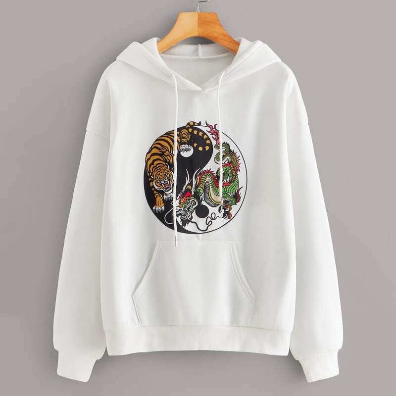

Tiger & Dragon Print Kangaroo Pocket Hoodie, White