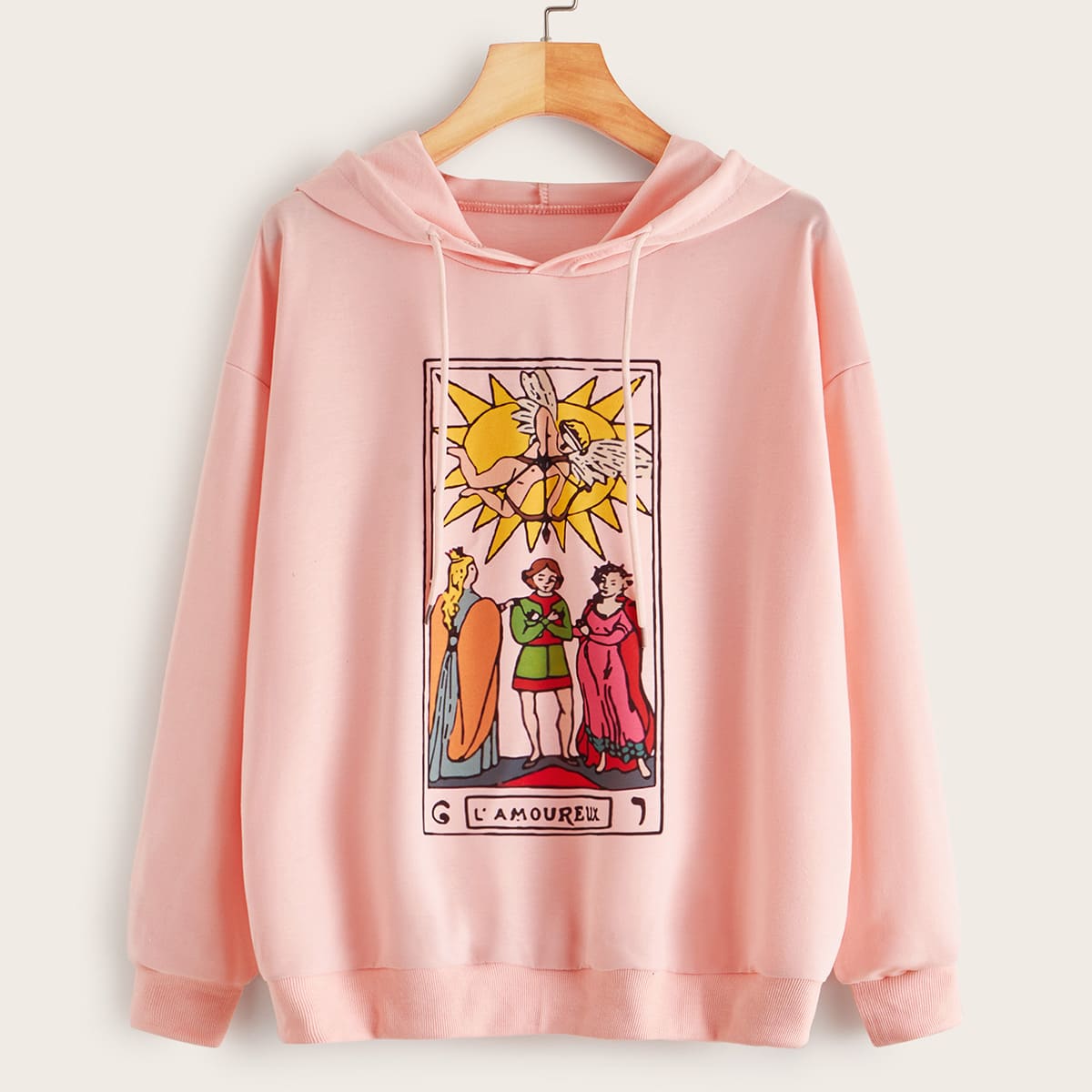 

Angel & Figure Print Drawstring Hoodie, Pink