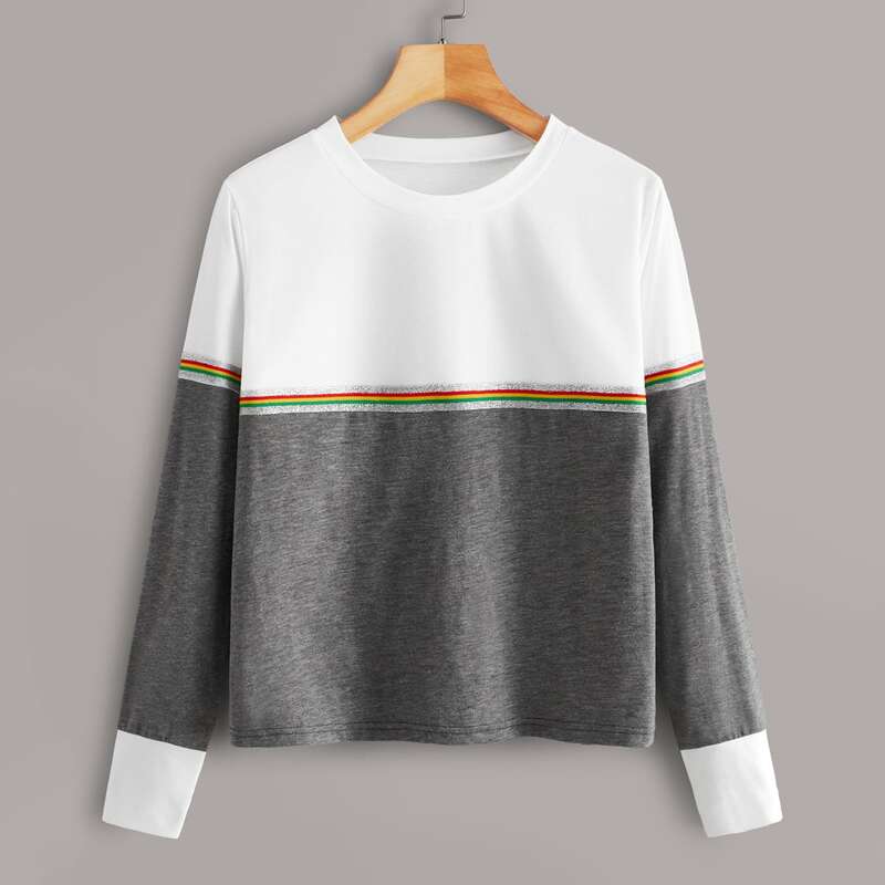 

Color-block Striped Panel Long Sleeve Tee, Multicolor
