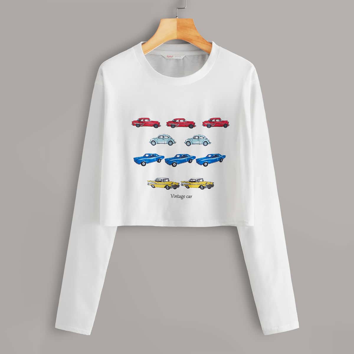 

Car Print Long Sleeve Crop Tee, White