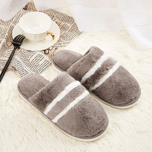 

Men Striped Fluffy Slippers, Khaki