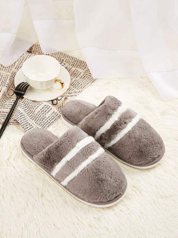 

Men Striped Fluffy Slippers, Khaki
