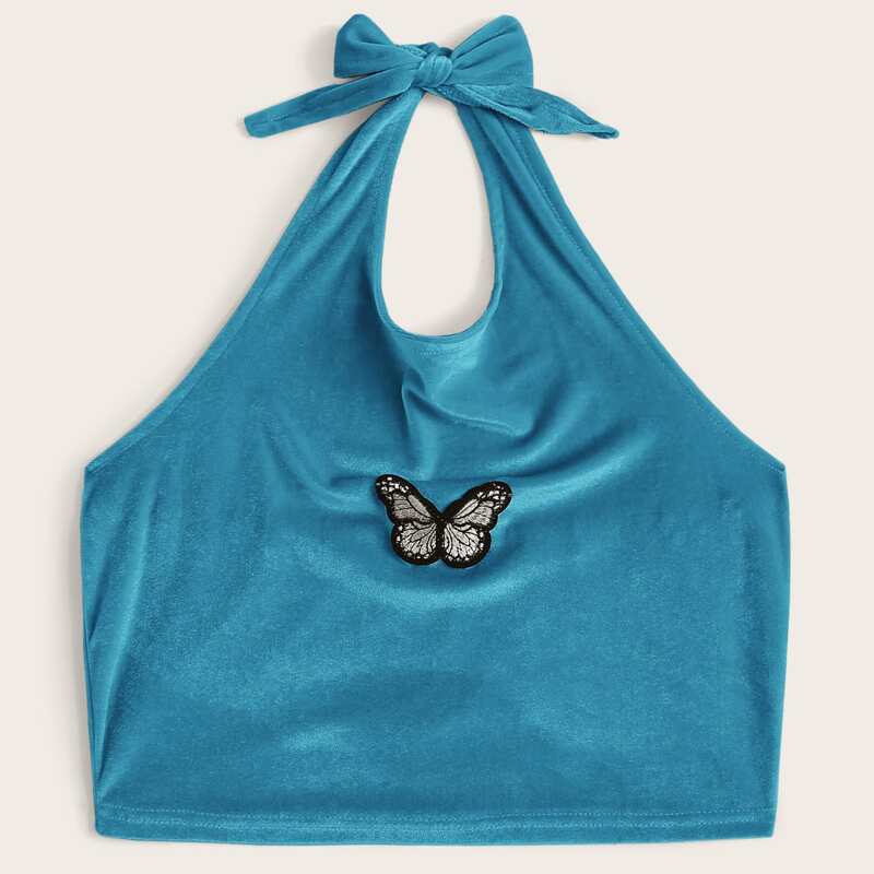 

Butterfly Patched Velvet Halter Crop Top, Blue