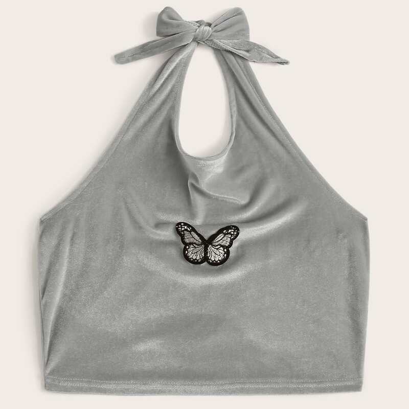 

Butterfly Patched Velvet Halter Top, Grey