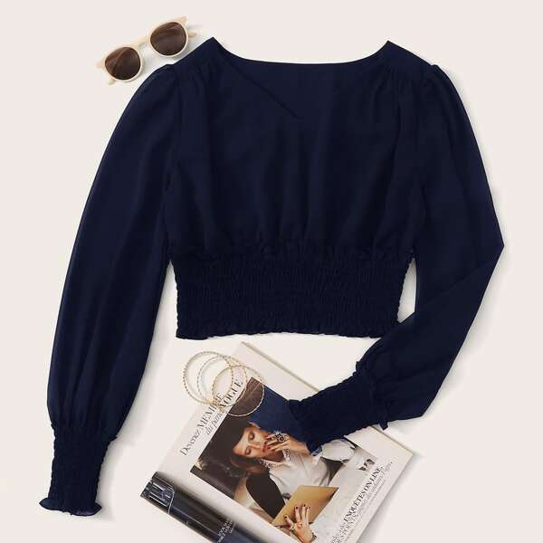 

Solid V-neck Shirred Waist Crop Blouse, Navy