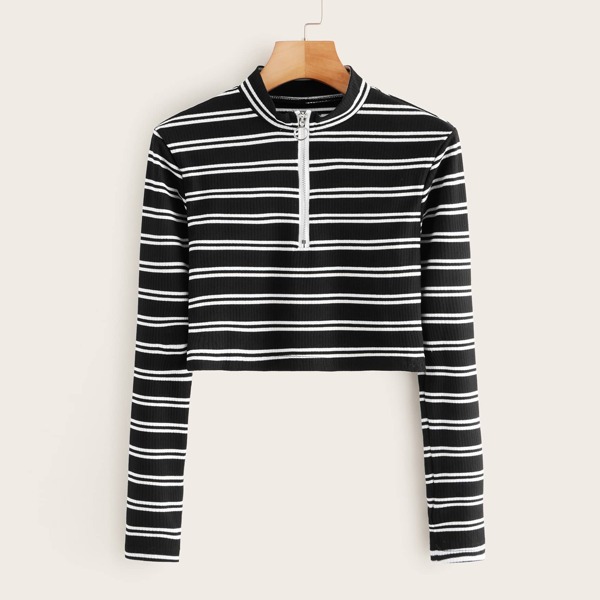 

Striped Half Zip Crop Ribbed Tee, Black and white