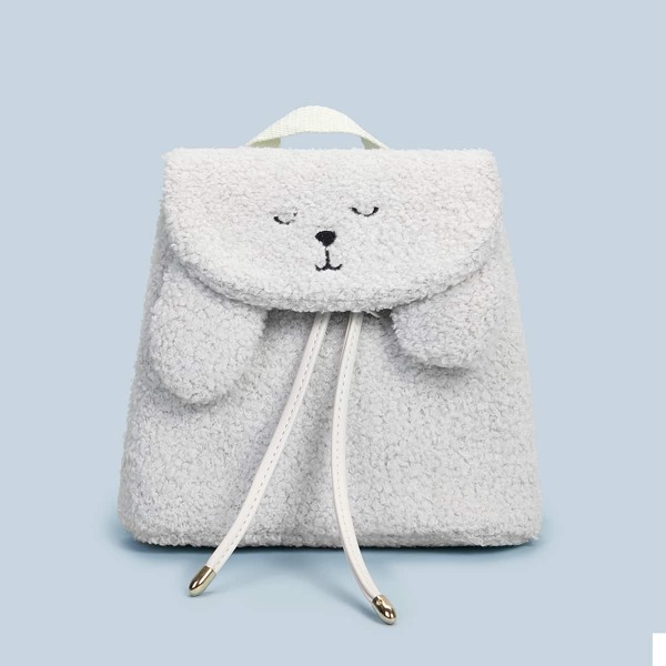 

Faux Fur Flap Backpack With Drawstring, White