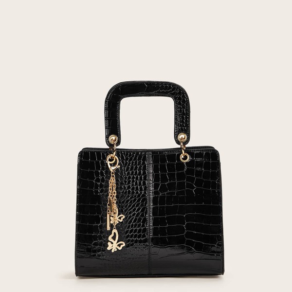 

Butterfly Decor Croc Embossed Satchel Bag, Black