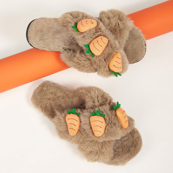 

Carrot Decor Cross Strap Fluffy Slippers, Brown