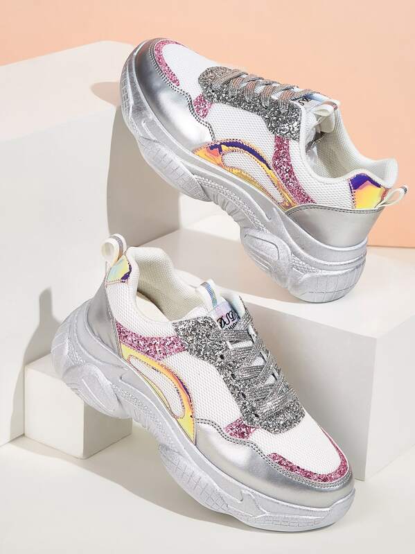 

Lace-up Front Glitter Chunky Sneakers, Multicolor