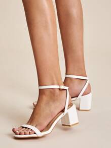 Cross Buckle Strap Chunky Heels - White - View 3