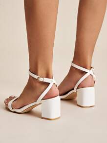 Cross Buckle Strap Chunky Heels - White - View 4