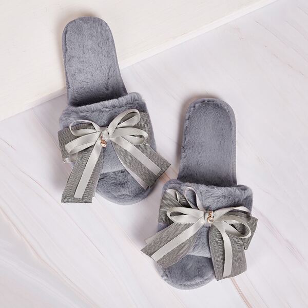 

Bow Decor Fluffy Slippers, Grey