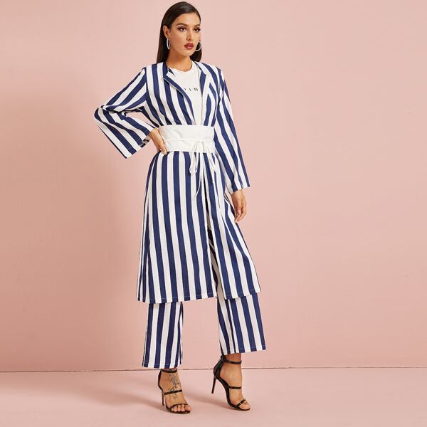 

Navy Striped Longline Coat & Pants Set, Multicolor