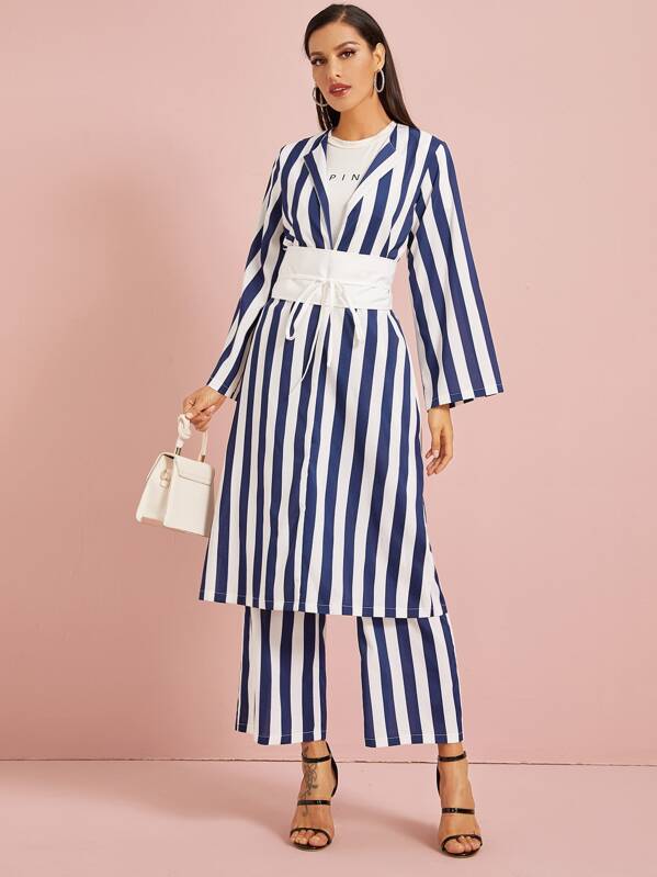 

Navy Striped Longline Coat & Pants Set, Multicolor, ZulcarD