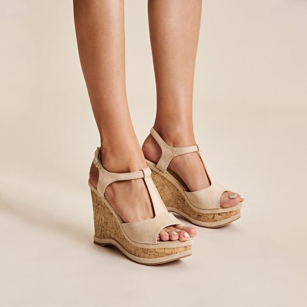 

T Strap Open Toe Cork Wedges, Beige