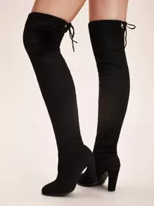 Tie Back Over The Knee Chunky Boots - Black - View 4