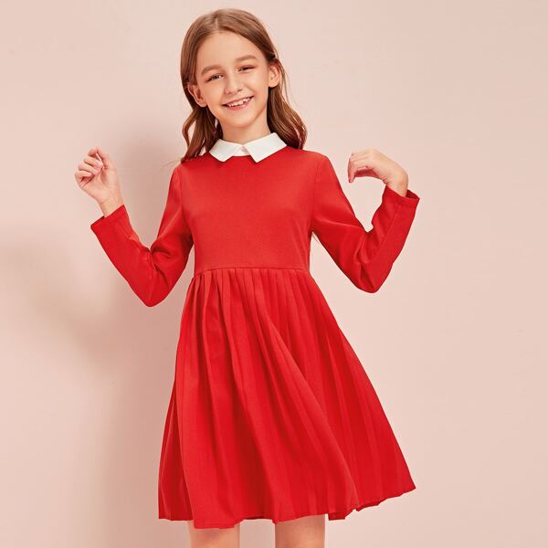 

Girls Contrast Collar Pleated Hem Dress, Red bright