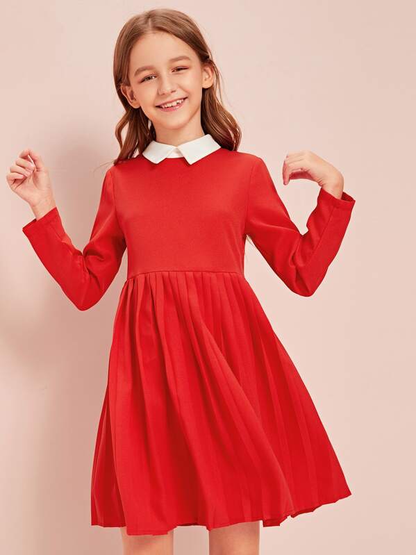 

Girls Contrast Collar Pleated Hem Dress, Red, Sashab