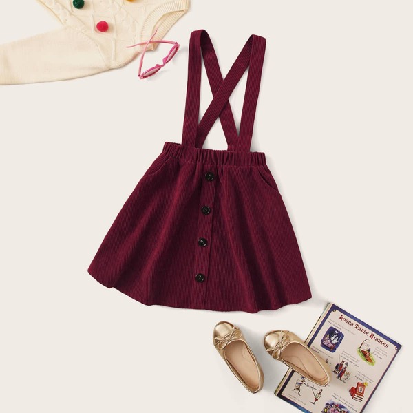 

Girls Button Front Corduroy Pinafore Skirt, Burgundy