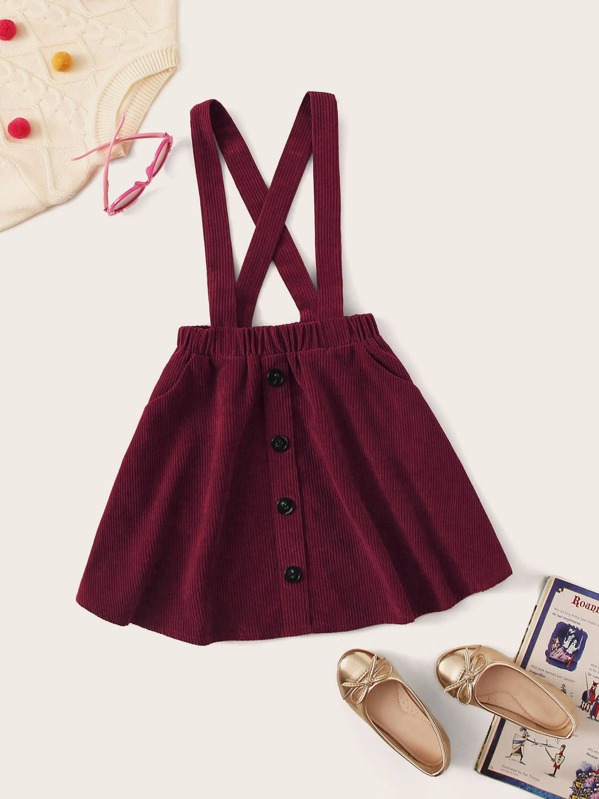 

Girls Button Front Corduroy Pinafore Skirt, Burgundy