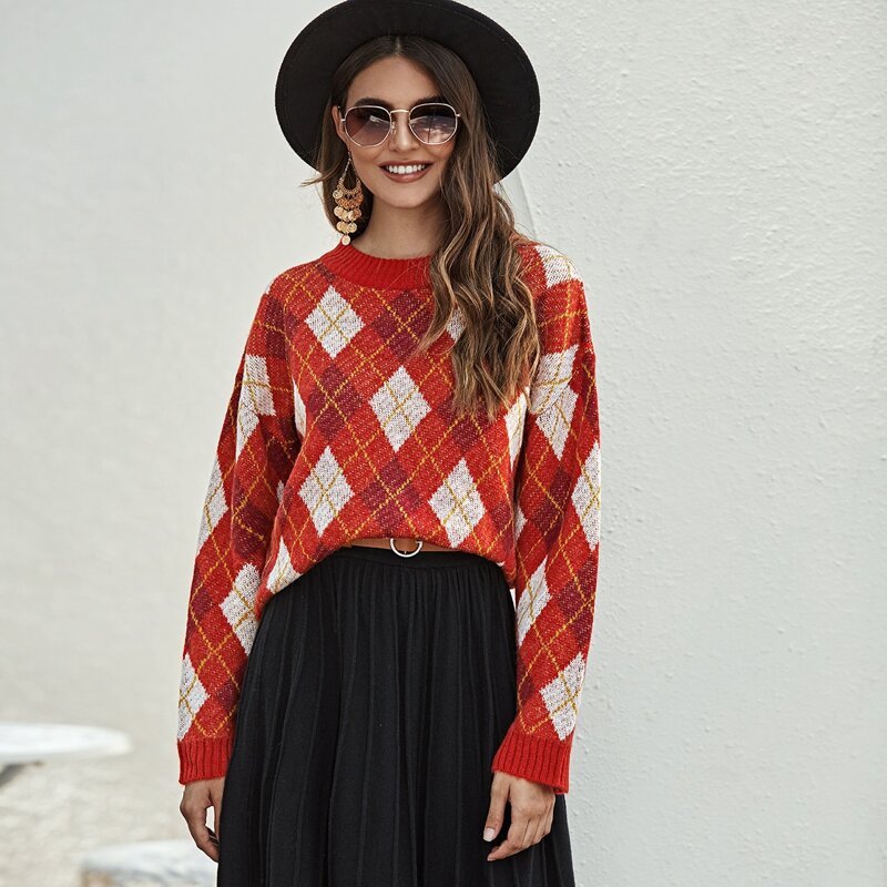 

Drop Shoulder Argyle Knit Sweater, Multicolor