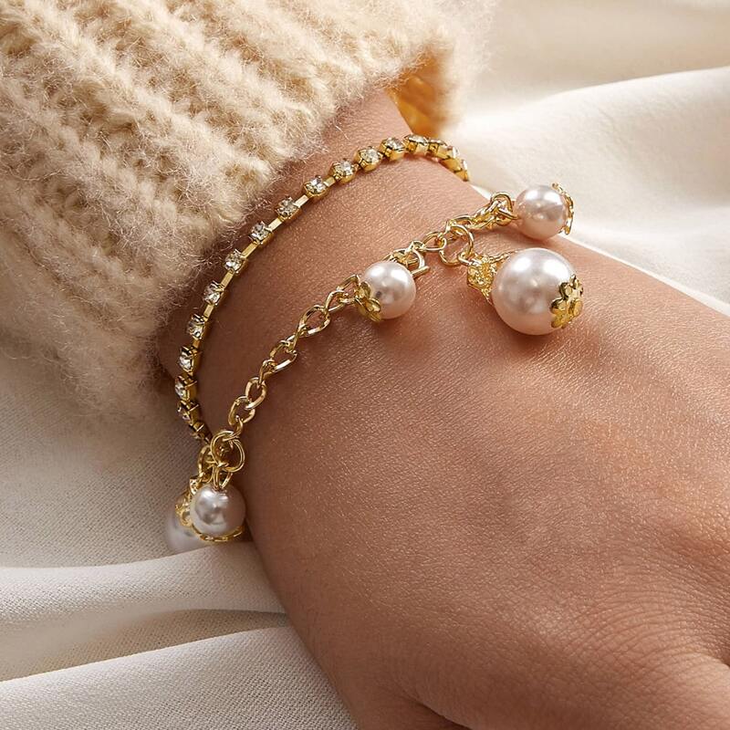 

1pc Rhinestone & Pearl Decor Layered Bracelet, Gold