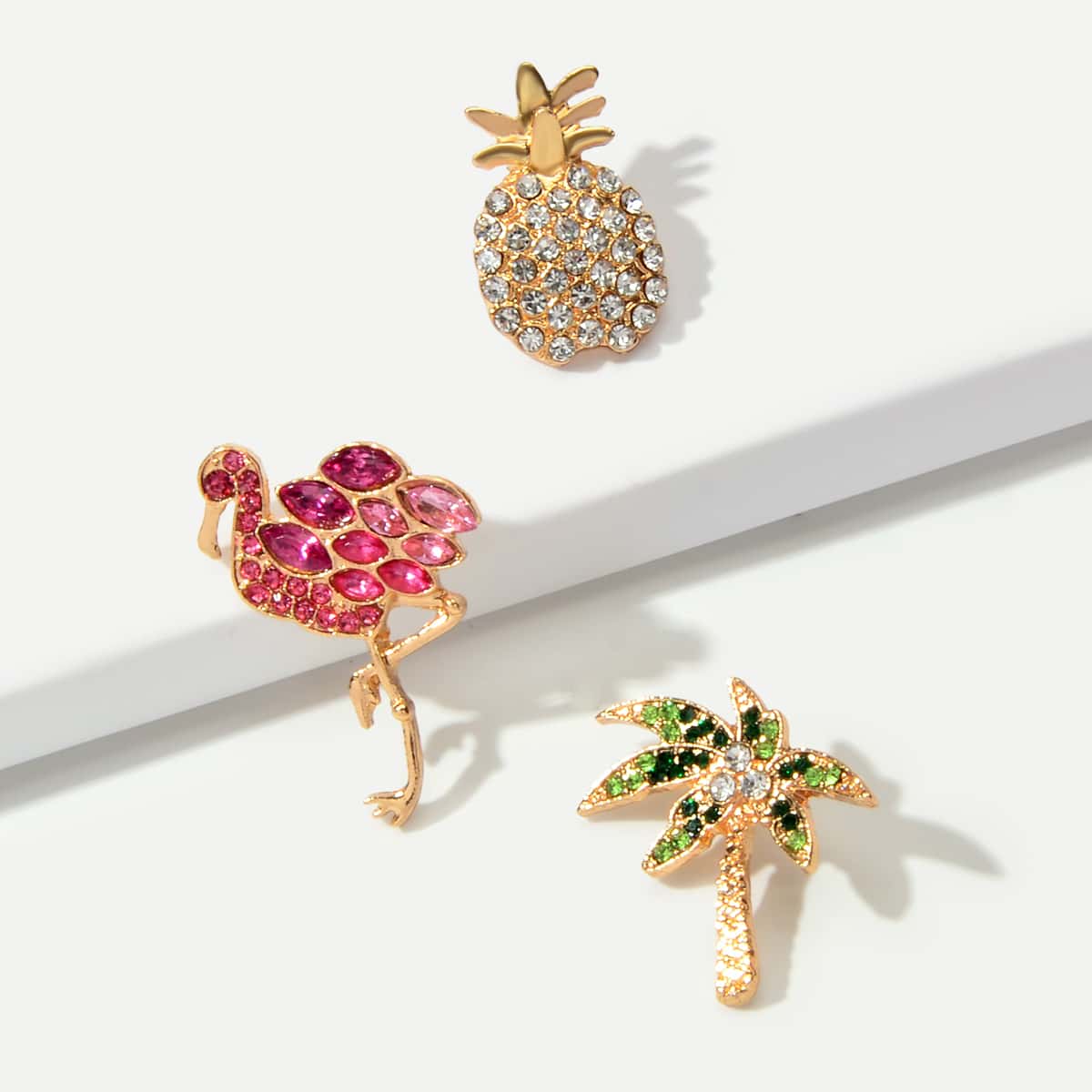 

3pcs Rhinestone & Gemstone Engraved Brooch Set, Multicolor