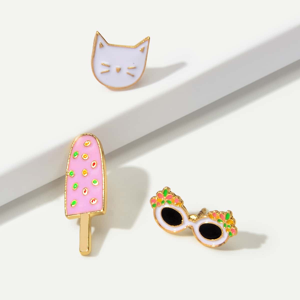 

3pcs Cat & Ice-cream Shaped Brooch Set, Multicolor