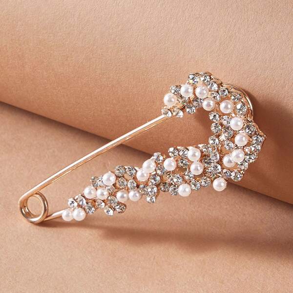 

1pc Rhinestone & Pearl Engraved Pin Shaped Brooch, Gold