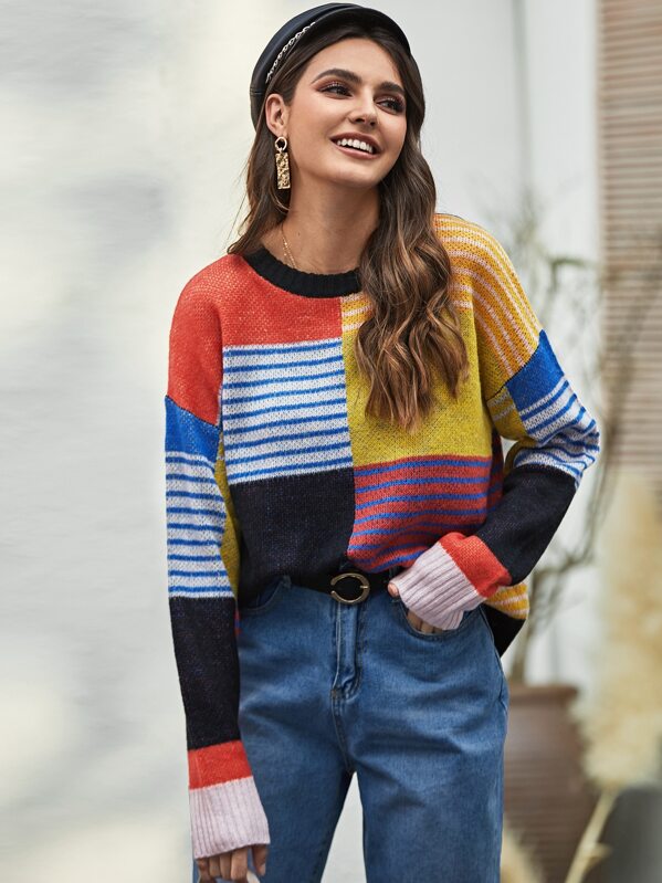 

Drop Shoulder Colorful Striped Sweater, Multicolor, Barbara C