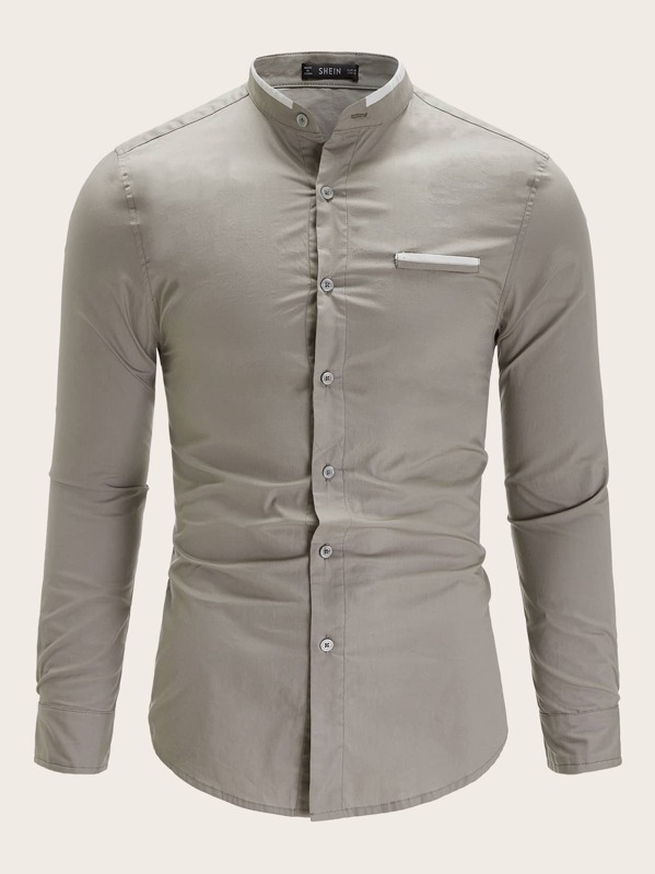 

Men Mock Neck Button Front Shirt, Grey