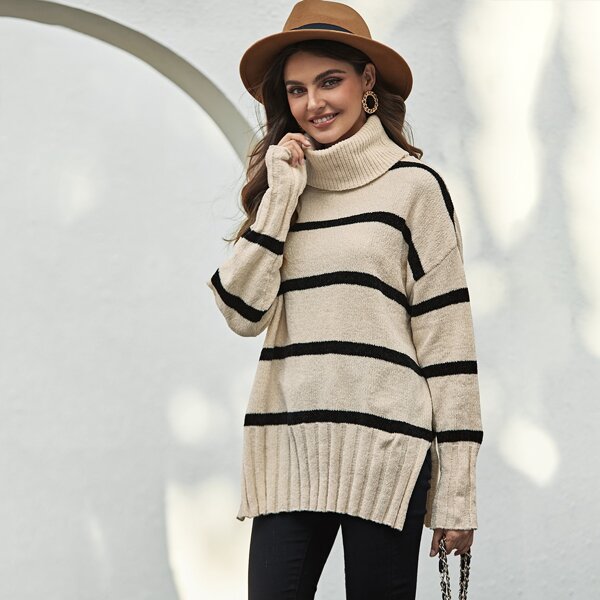 

Turtle Neck Split Side Striped Sweater, Beige pastel